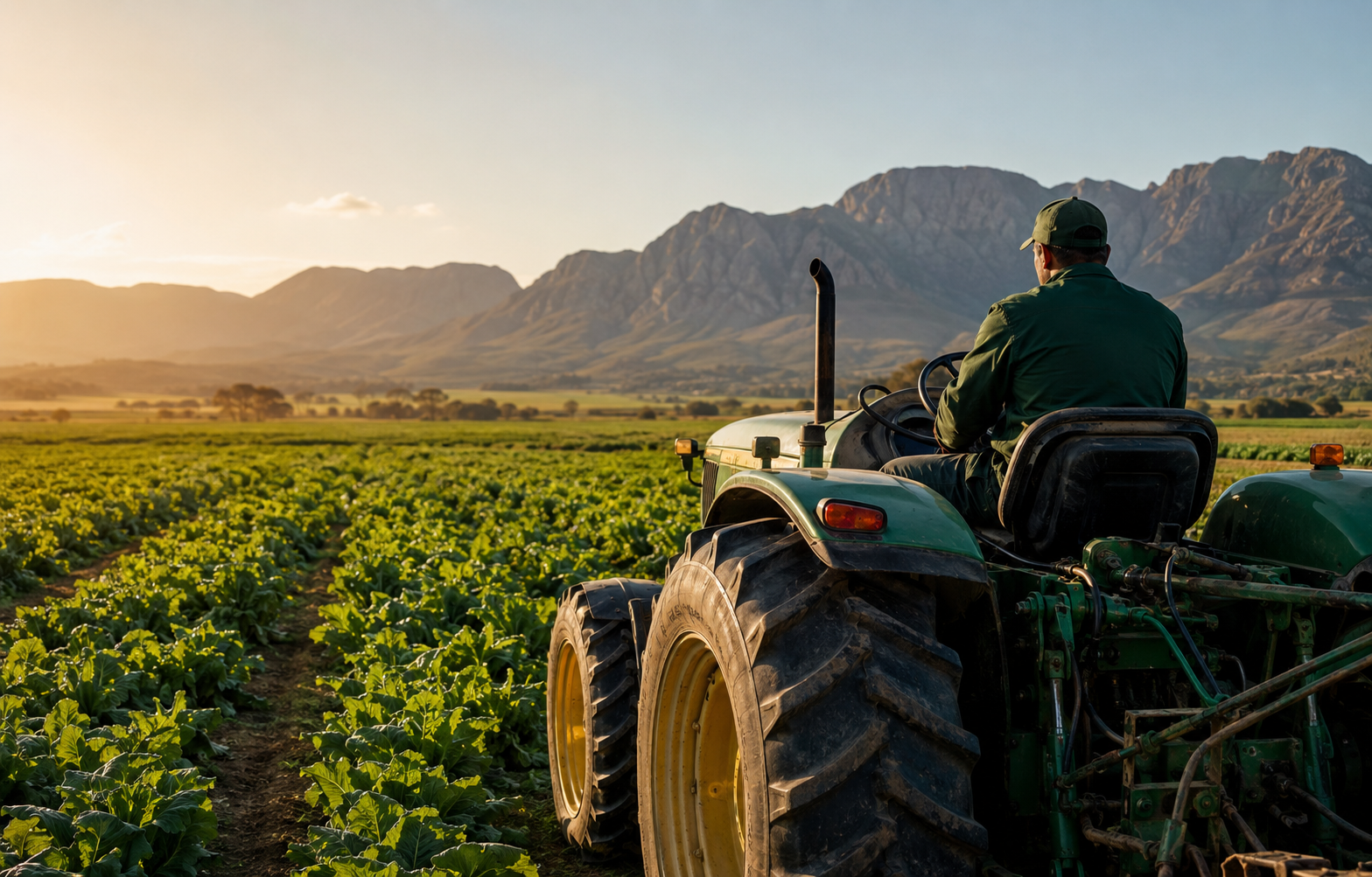 Green crop fields on a mixed farm at sunrise